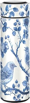Blue White Porcelain Insulated Thermo, 17 oz Stainless Steel Double Wall Vacuum Bottle with Cup Cover for Coffee & Tea