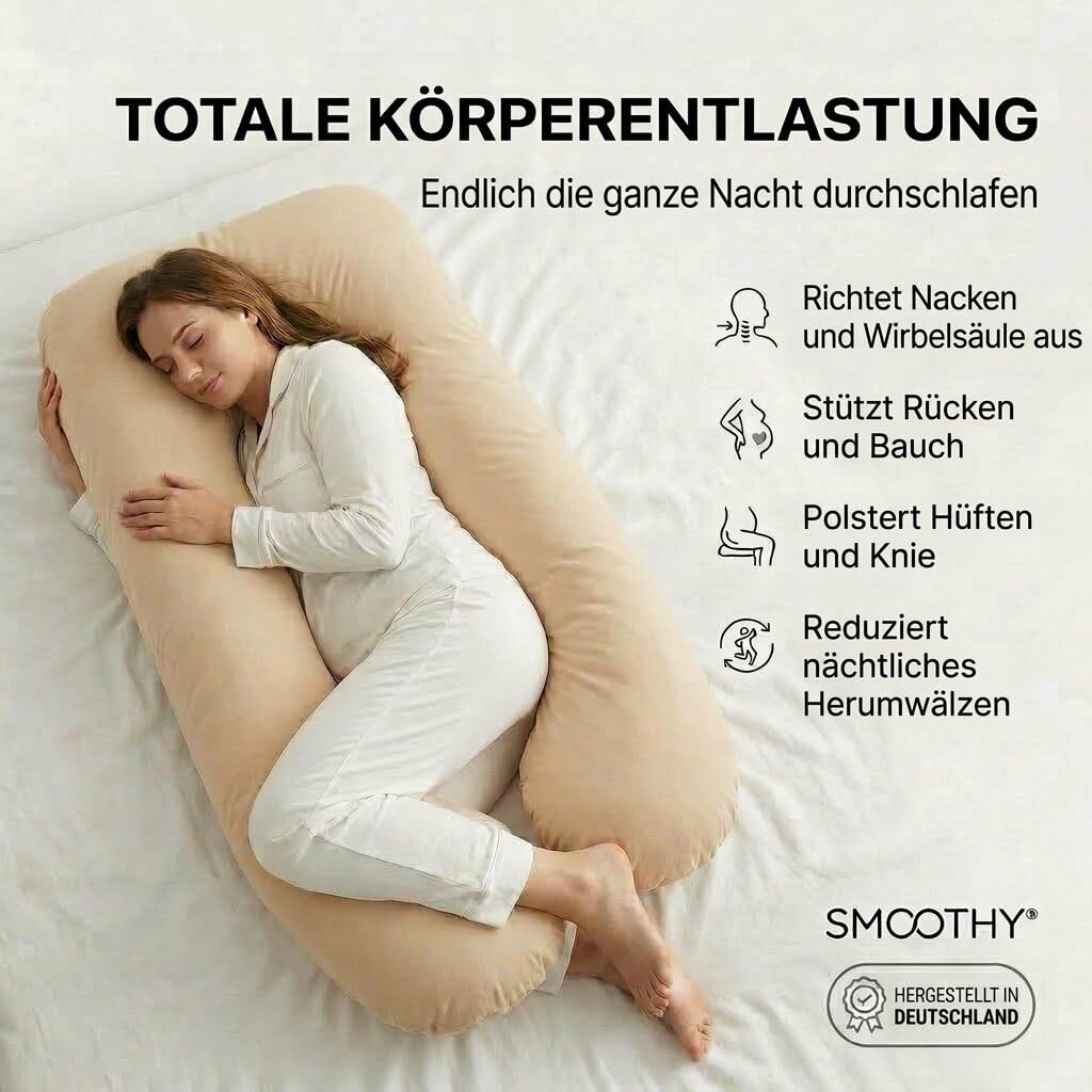Cuscini per la gravidanza, cuscini per letti laterali cuscini di posizionamento cuscini per neonati e per allattamento a forma di U fodera in cotone 100% lavabile (Junior XL, 120 x 70 cm, Beige)