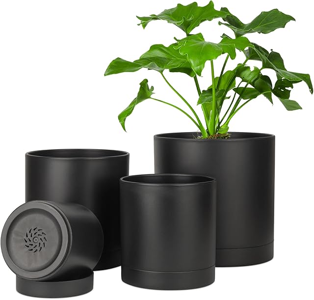 T4U Plastic Plant Pots Indoor, 4/5/6/7 Inch Black Plant Pots with Saucers 4 Pcs, 3.5MM Thickened Planters Container with Dense Small Drainage Holes for House Plant Flower Orchid Herb Aloe Succulent