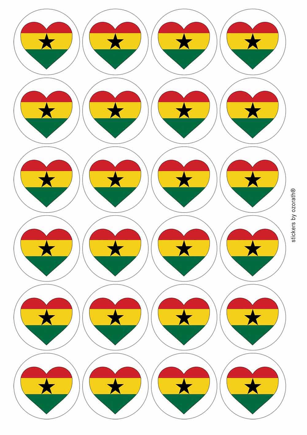 Ghana Ghanaian Flag Heart Circular Matt Paper Stickers A4 Sheet of 24 (Each Sticker is 45mm Diameter)