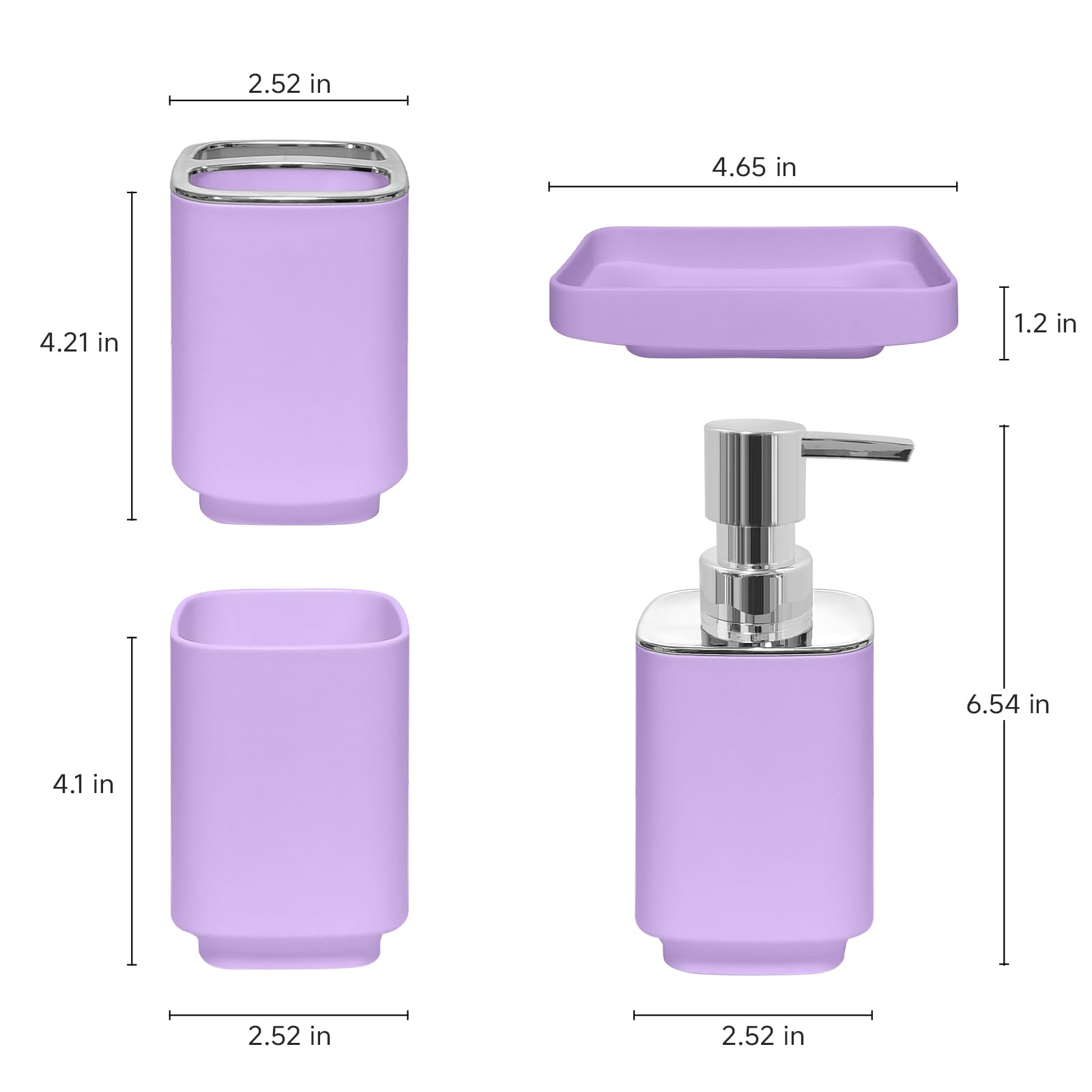 Juego de accesorios de baño de 4 piezas, juego de accesorios de baño de color morado claro, incluye soporte para cepillos de dientes, dispensador de jabón, jabonera y vaso para cepillos de 2
