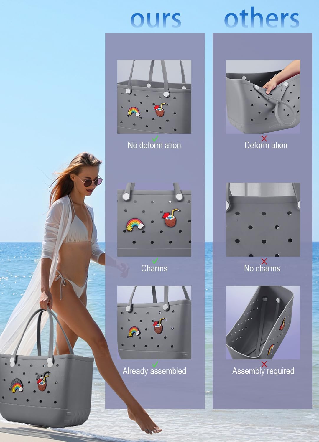 Beach Bag Rubber Tote Bag - Waterproof Travel Bag for Women Washable Tote Bag Handbag for Sports Beach Market Pool - Image 4