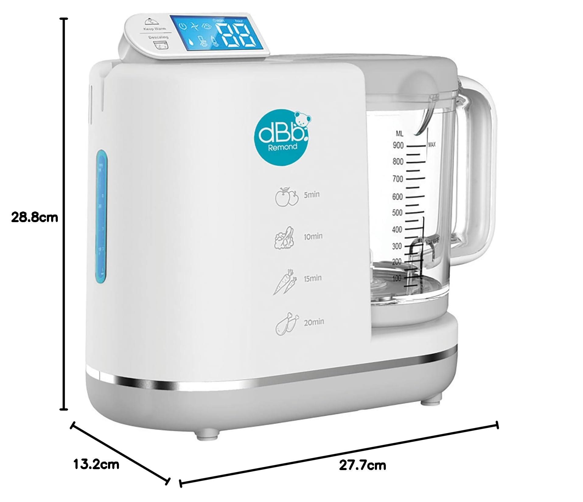 dBb Remond Robot Cuiseur Bébé Multifonctions 6 en 1 - Cuit Vapeur, Mixe, Hache, Stérilise, Chauffe et Décongèle - Auto Nettoyant - Repas Sains et Faciles pour Bébé - Capacité 1000 ml - Blanc & Gris