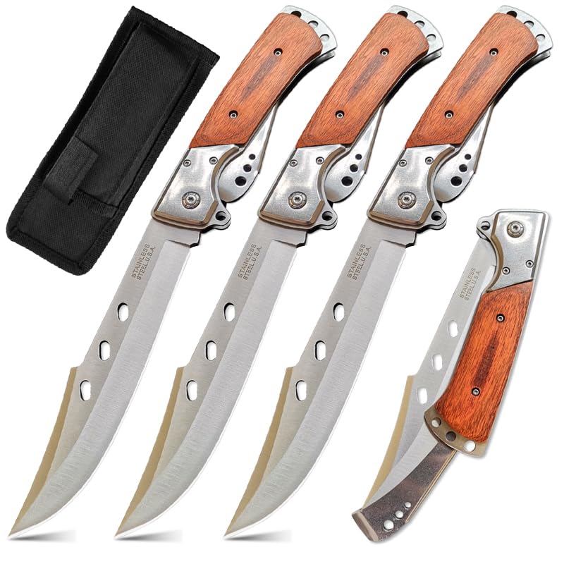 DOOM BLADE 3 Pack Long Blade Pocket Folding Knife Set- Sharp Survival Work Knives-Foldable Large Knife with Rosewood Handle,Gift for Dad Husband,for Hunting,Hiking,Camping (3 Knives)