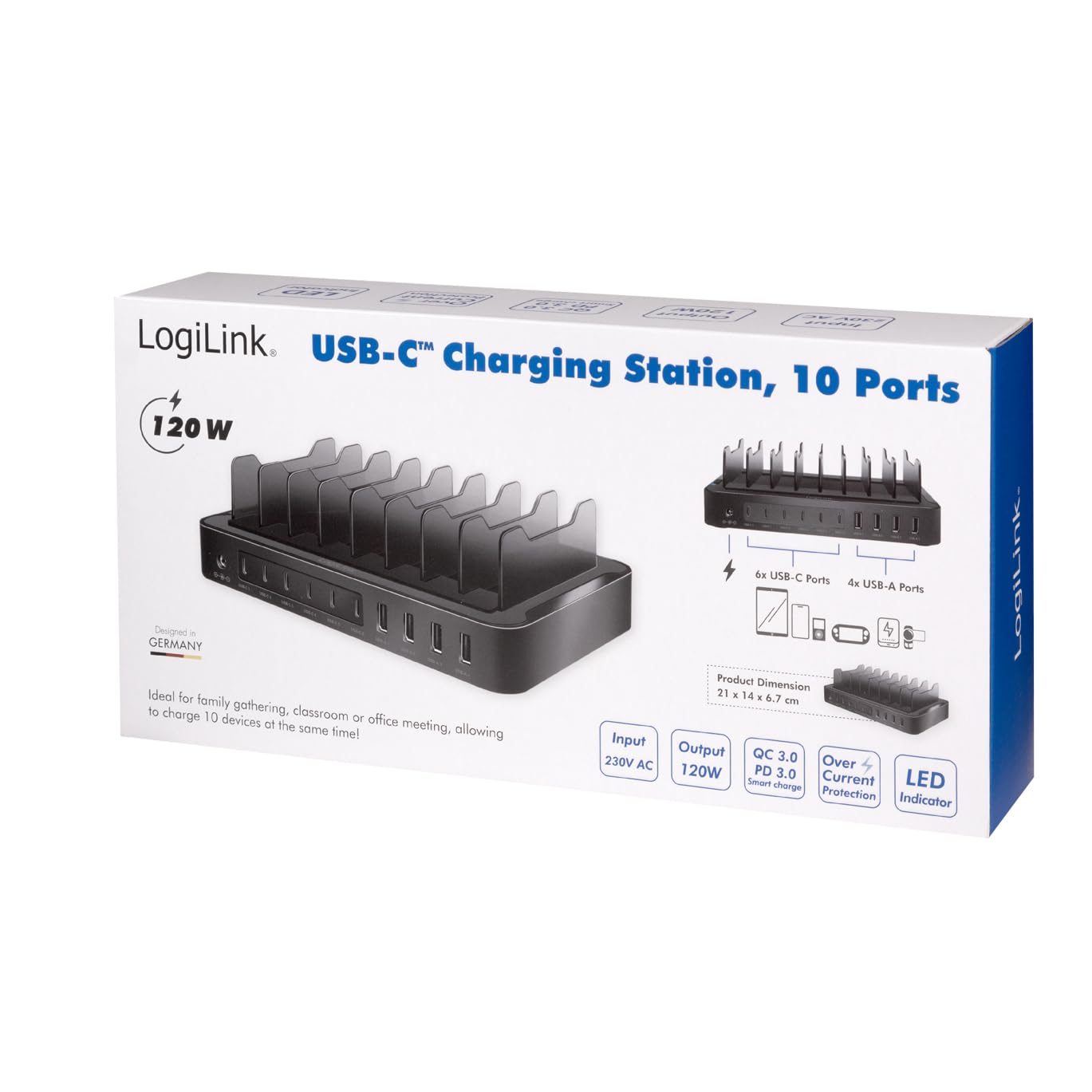 LogiLink PA0327 - stacja ładująca USB-C z 4 x USB-A i 6X USB-C, PD 3.0 (PowerDelivery) i QC 3.0 (QuickCharge), 120 W