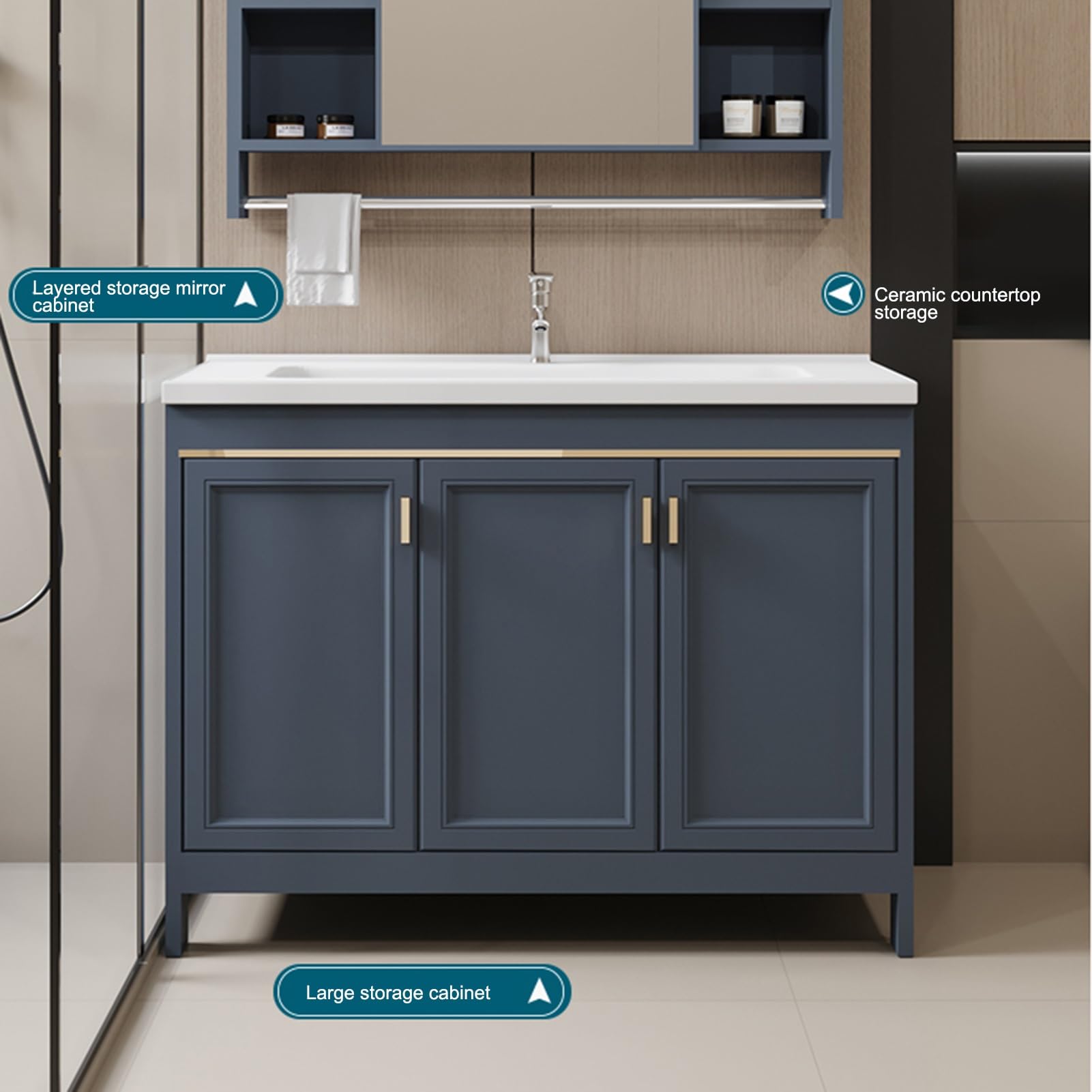 Mueble de baño independiente con fregadero de cerámica, 50 cm, grifo de agua fría/caliente, almacenamiento versátil para sala de estar, cocina, oficina, armario, un color de 60 cm, un color de 70 cm