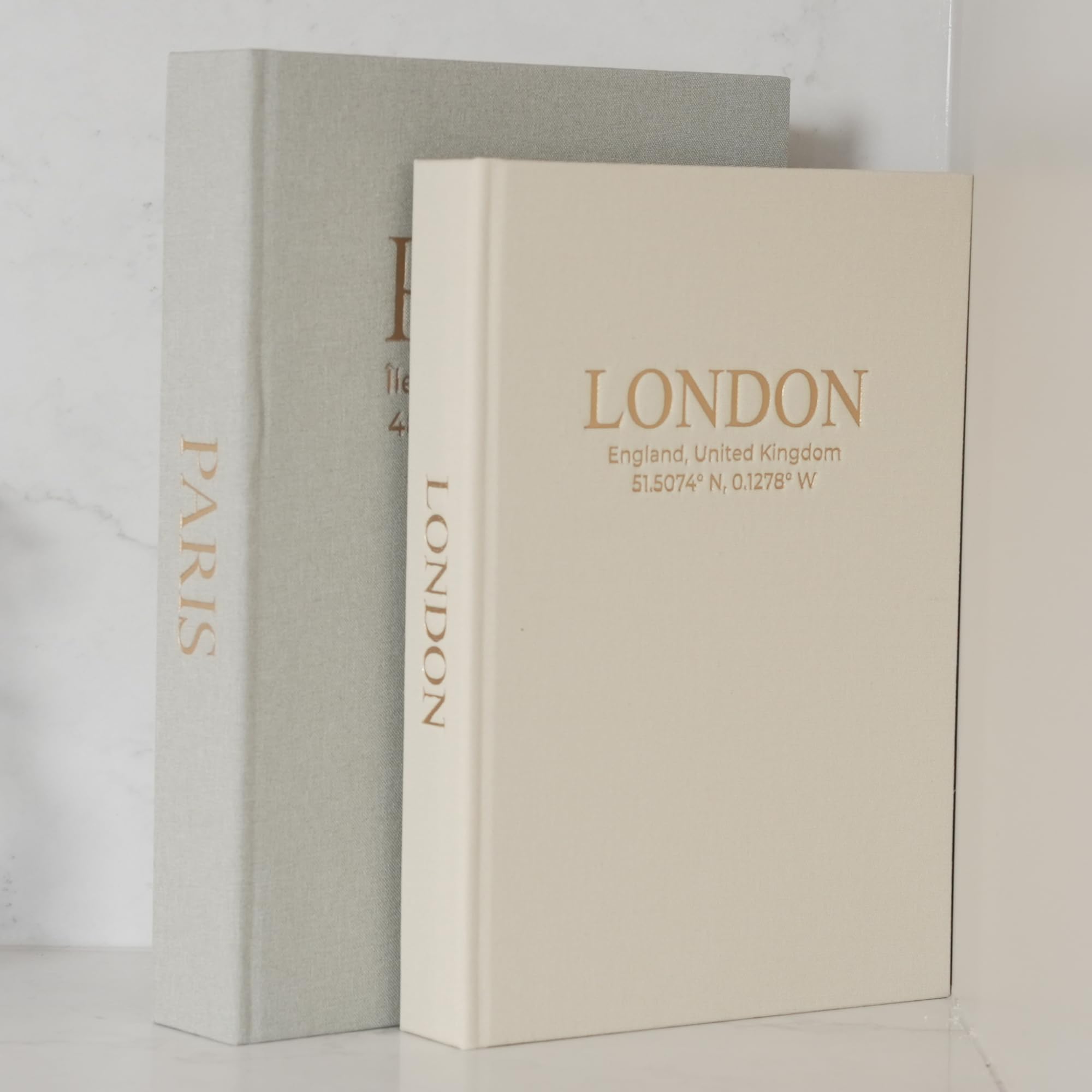 Decorative Books with Storage – Set of 2 Faux Linen Book Boxes with Gold Stamped Covers – Enhance Your Coffee Table, Bookshelf or Mantle Decor – Hidden Storage for Photos, Keepsakes, and Jewelry