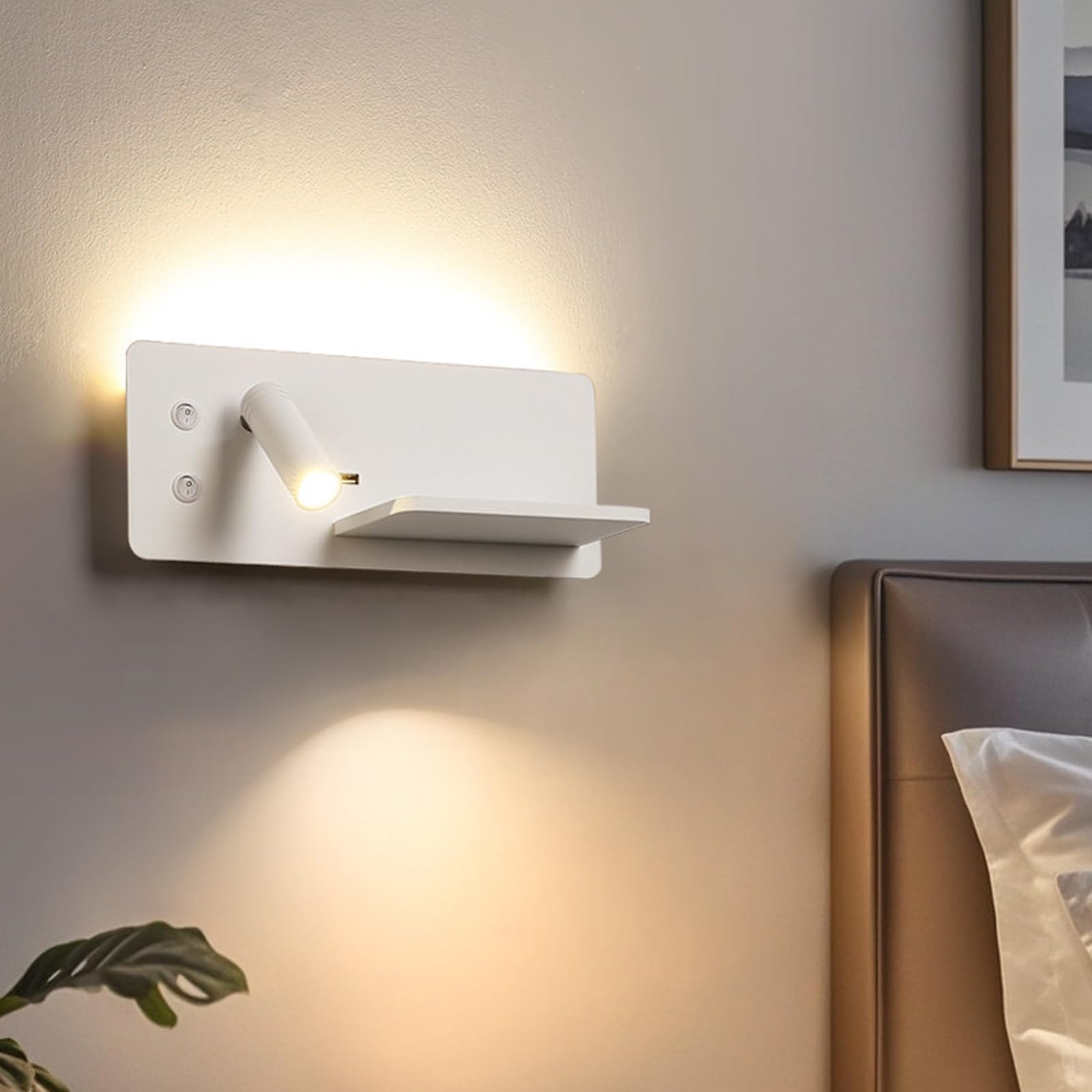 Lampa ścienna LED z przyłączem USB + bezprzewodowa ładowarka ścienna z przełącznikiem, oświetlenie ścienne 360° + 90°, obracana o 360° + 90°, lampa do czytania, do sypialni, zagłówka, hoteli (czarna