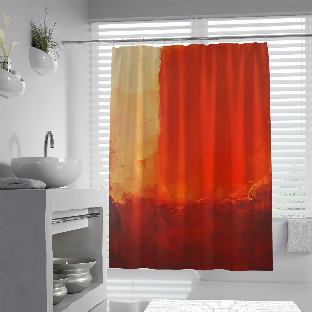 OLLIAR Home Red and Yellow Waterproof Fabric Shower Curtain Modern Abstract Geometric Gradient Color Field Oil Painting Minimalist Bathroom Decor Set 240x180cm