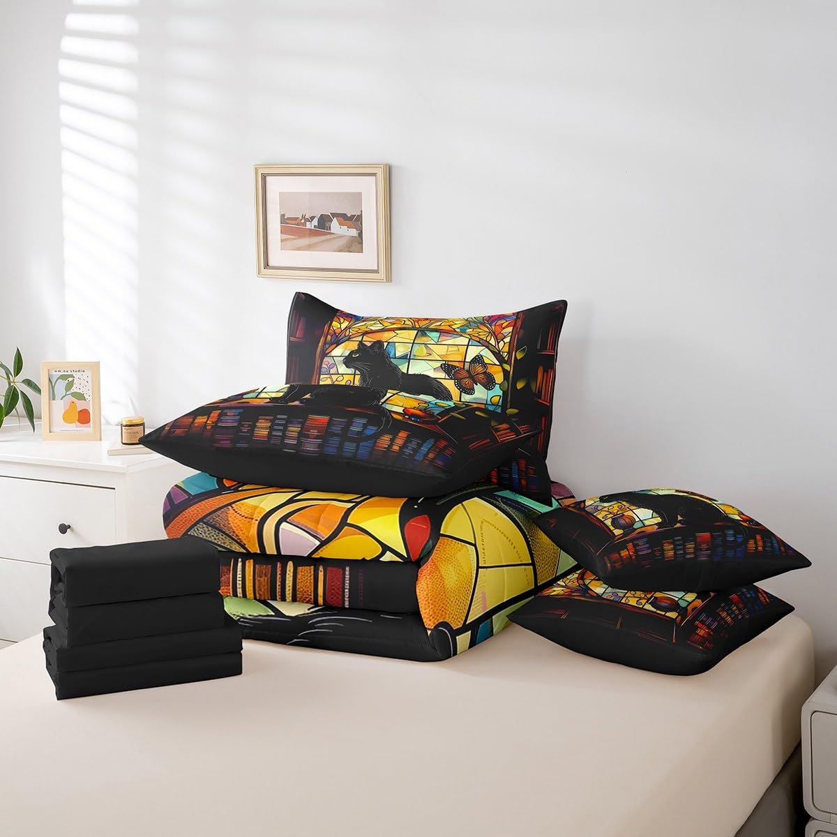Black Cat Twin Bedding Set 7 Pieces,Cute Kitten Butterfly Animal Boho Exotic Comforter Set with Sheets for Kids,Vintage Bookshelf Books Stained Glass Patchwork Bed Set in a Bag with Pillow Covers