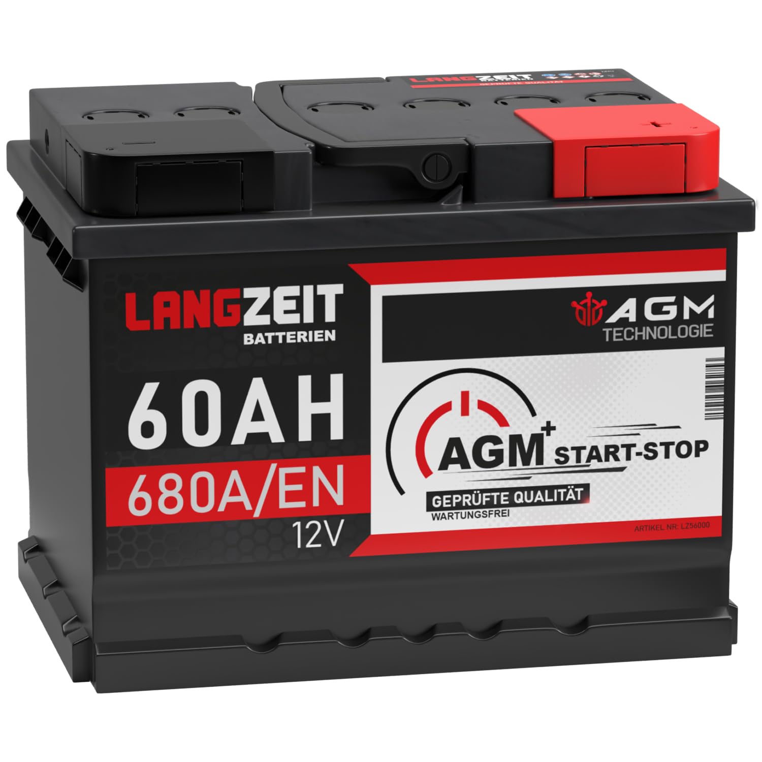 LANGZEIT AGM Batterie 60Ah 12V 680A/EN Start-Stop Autobatterie VRLA