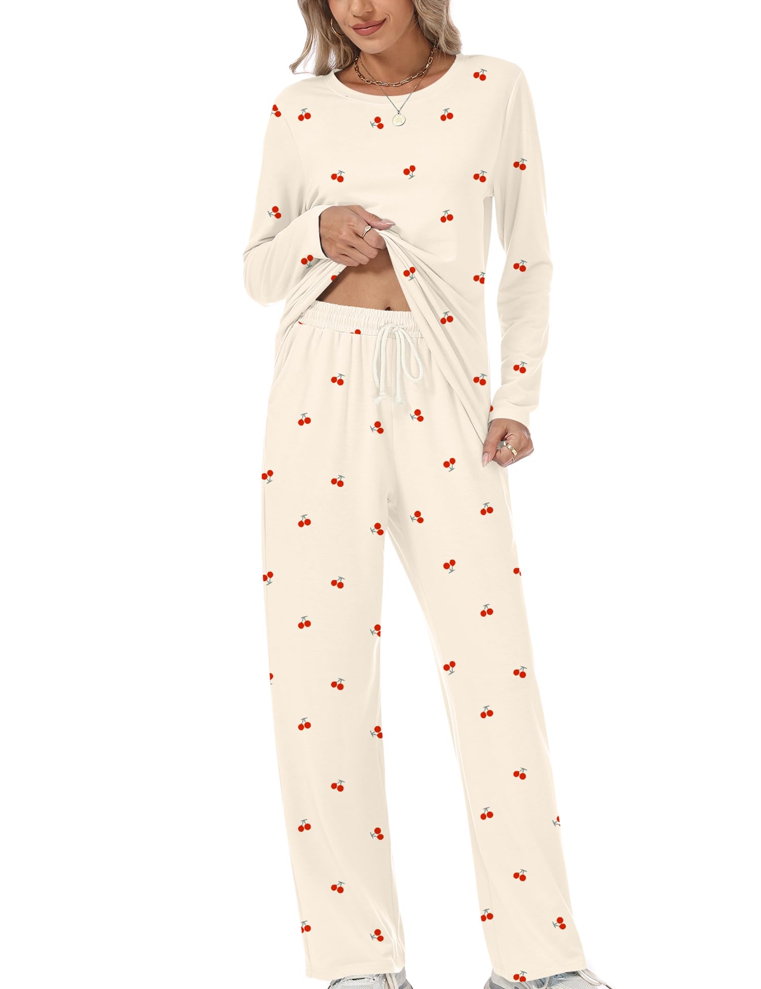Rapbin Schlafanzug Damen Lang Pyjama Set Zweiteiliger Nachtwäsche Loungewear Damen Schlafen Oberteil und Schlafanzughose mit Taschen