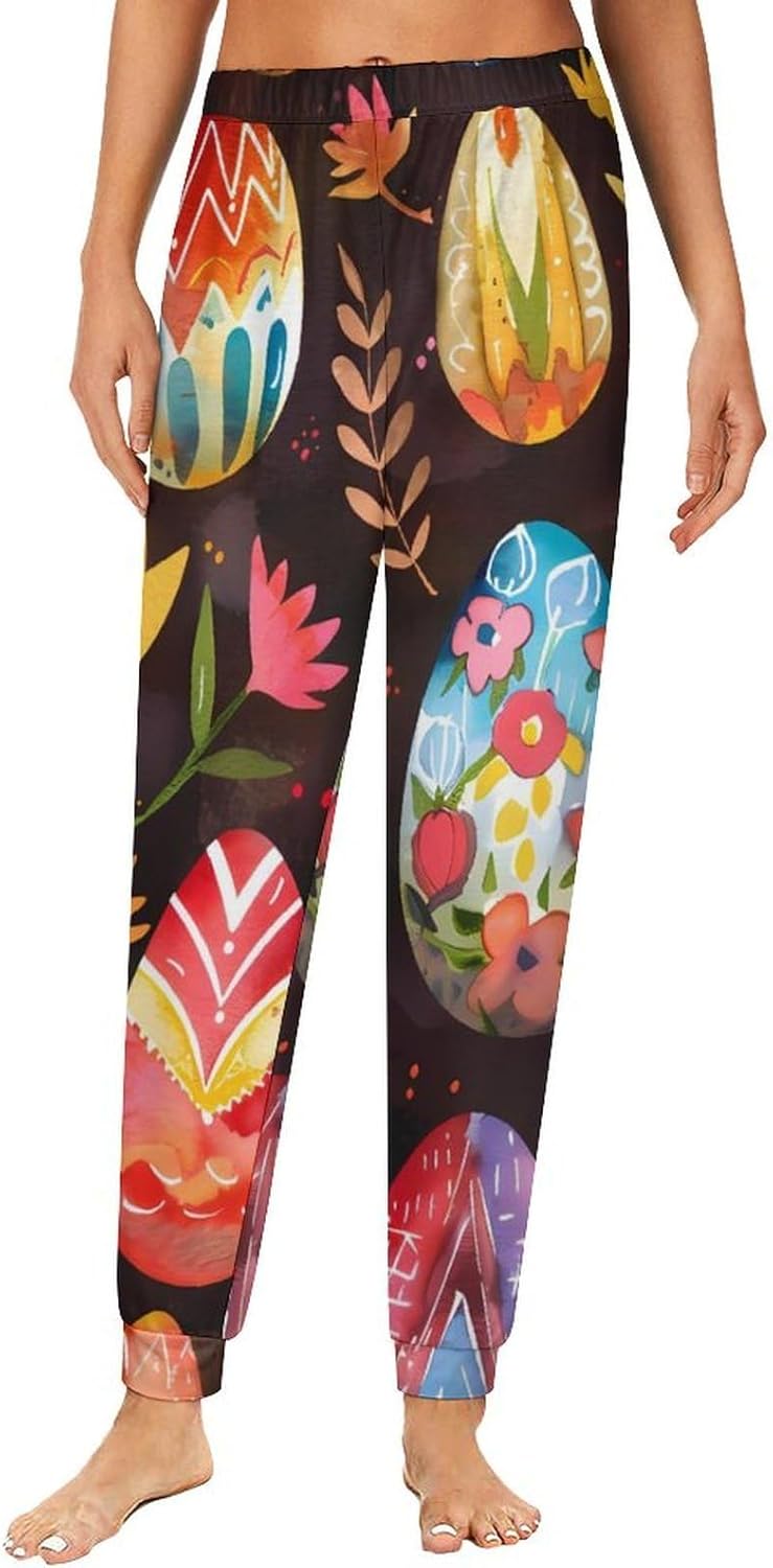 Watercolor Easter Eggs Flowers Soft Women Pajamas Pants Long Lounge Bottoms Pant Sleepwear Nightwear Pjs