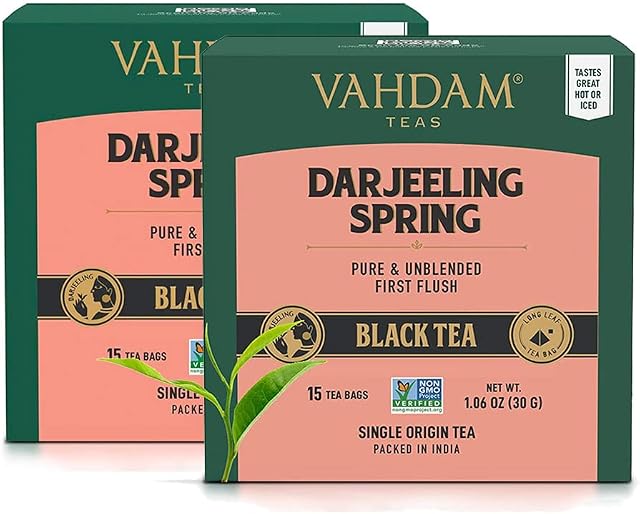 VAHDAM, Exotic Darjeeling First Flush Tea Leaves | 30 Tea Bags | Long Leaf Pyramid Darjeeling Tea Bags, Aromatic & Flowery, 100% Pure Unblended First Flush Darjeeling Tea, Packed in India