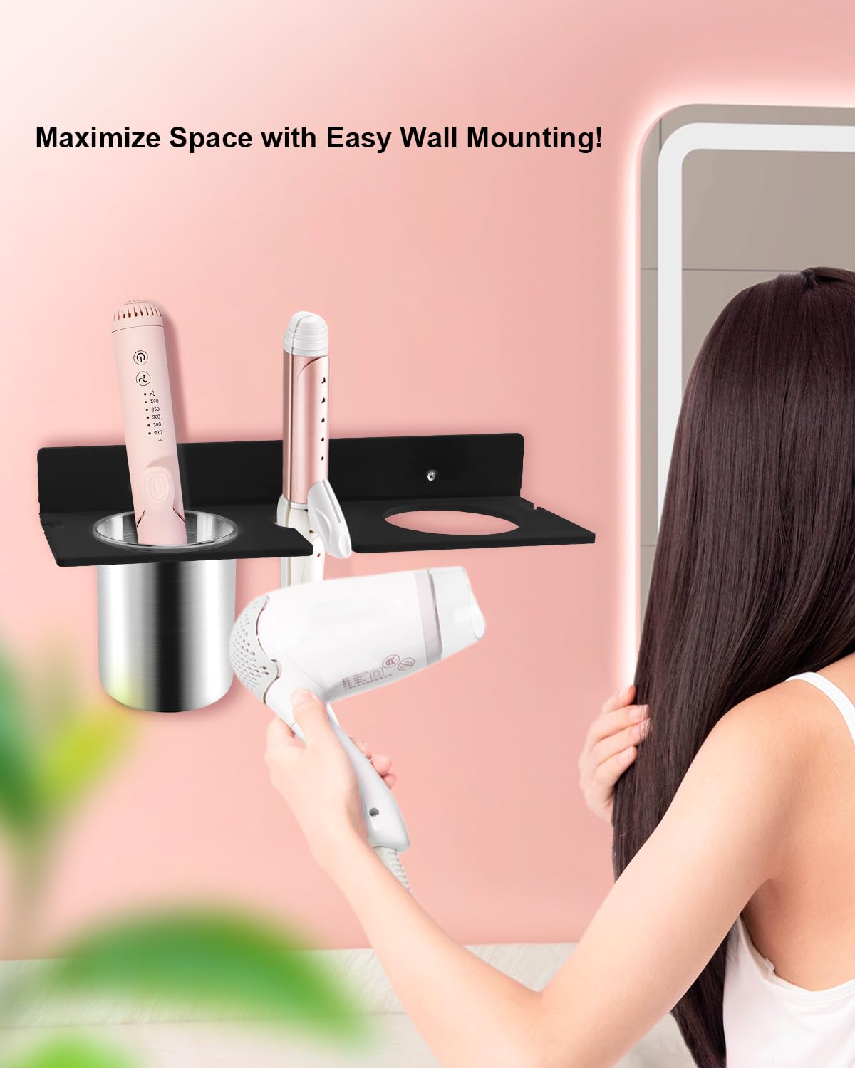 Soporte de pared para secador de pelo, organizador de herramientas para el cabello con vasos de acero resistentes al calor, soporte acrílico para secador de pelo, adhesivo o montaje de