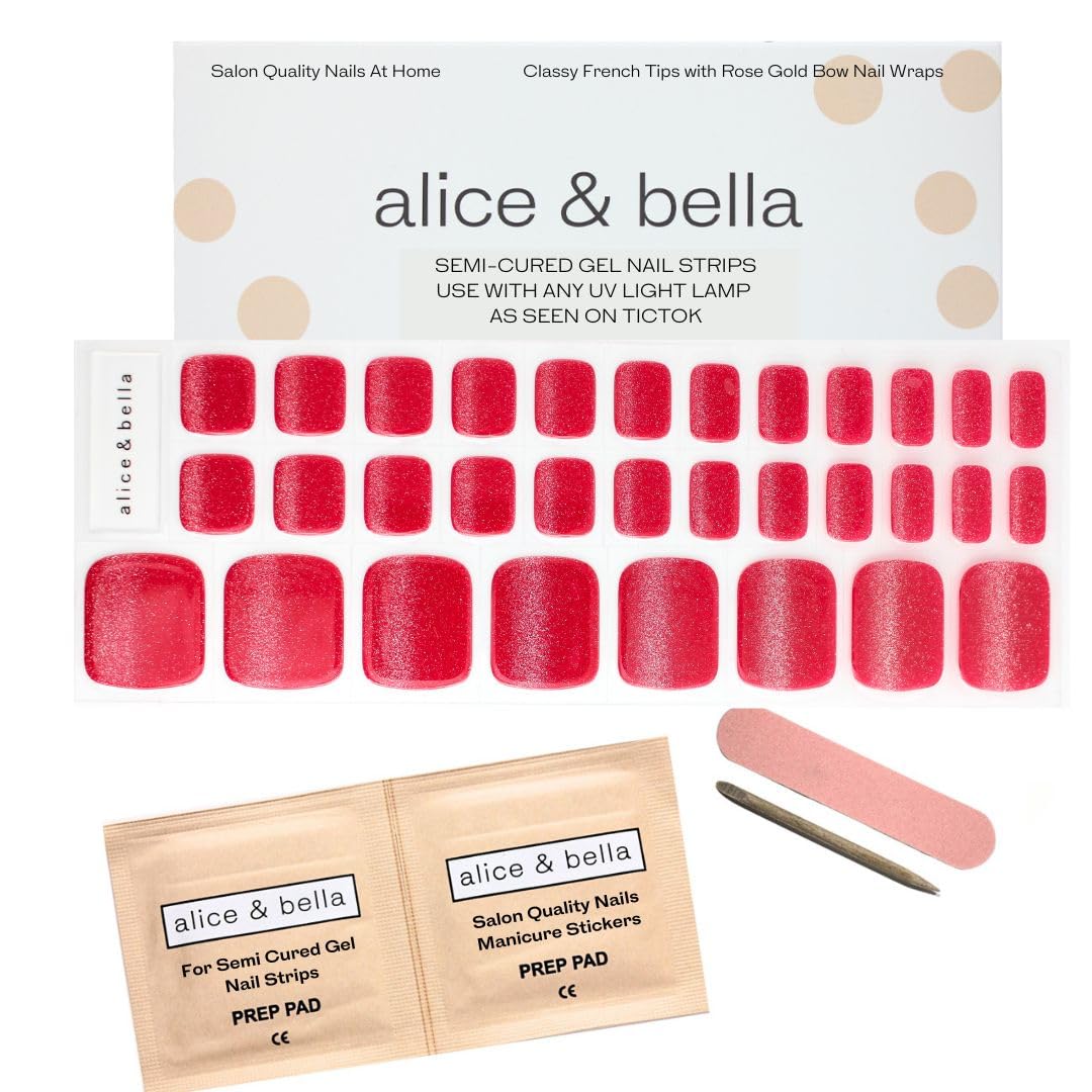 Alice & Bella Semi Cured Gel Nail Strips, Red Velvet Cat Eye Pedicure, 32 Pc. Set, Easy Apply & Remove Salon-Quality Glitter Gel Wraps for Toe Nails, Use with UV/LED Light Lamps (Red Cateye)