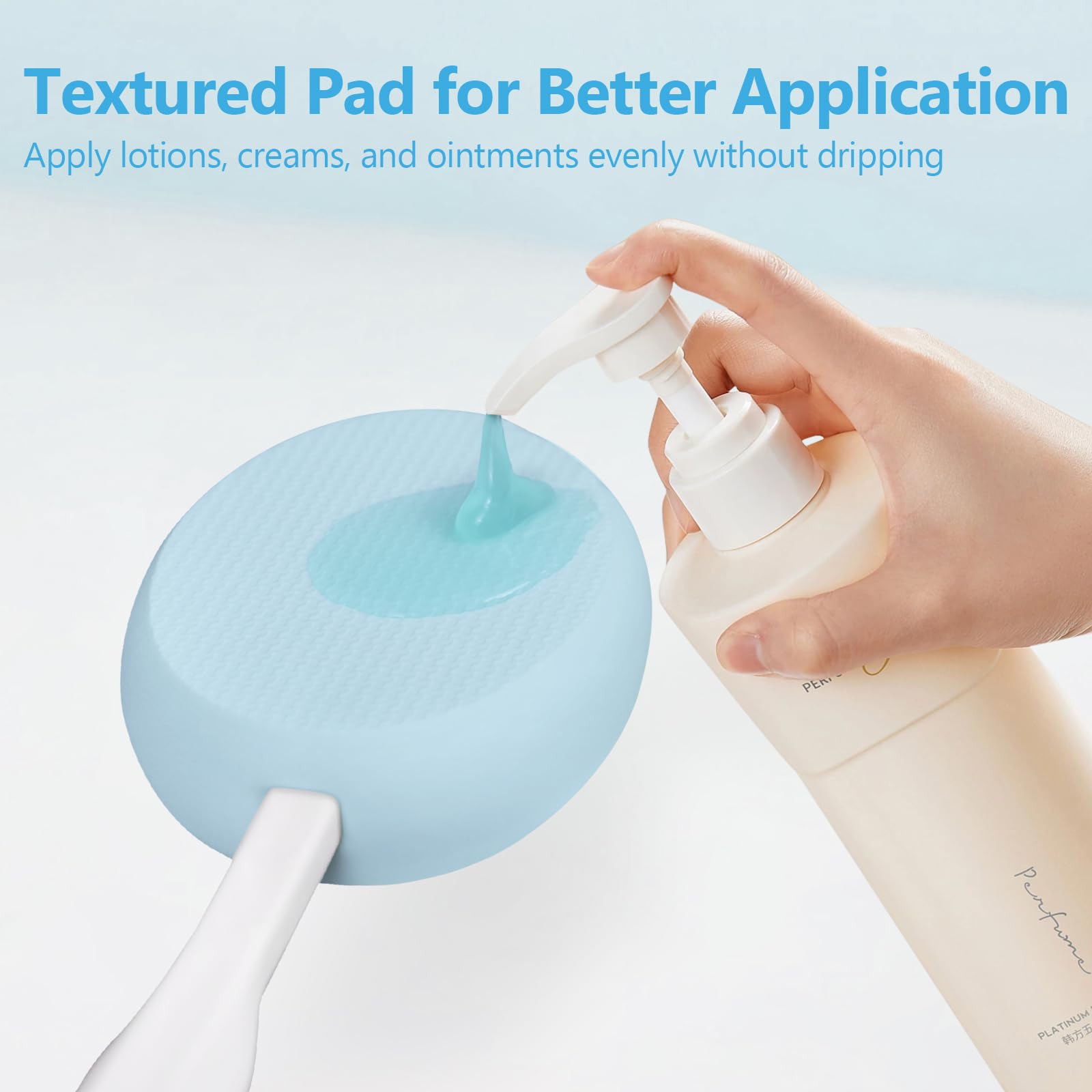 19" Long White Handle Back Lotion Applicator with Blue Non-Slip Grip & 3 Washable Blue Pads - Image 4