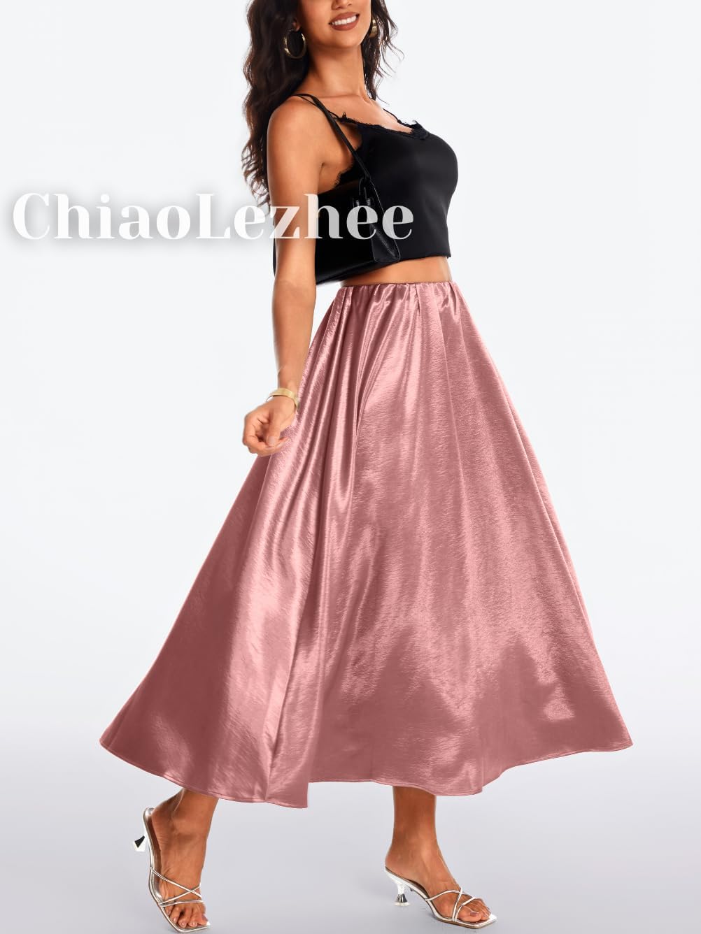 ChiaoLezhee Women's Heavy-Drape Satin Maxi Skirt, Elastic High Waisted A-Line Formal Skirts for Special Occasions