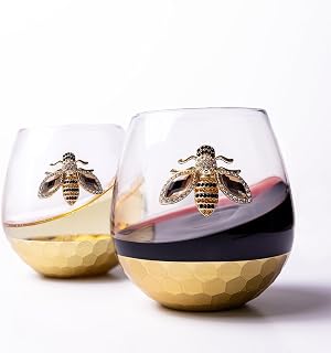 Honey Bee Stemless Wine Glasses - Set of 2 Luxury Crystal Glassware with Jeweled Honey Bee - Unique Wine Lover Gifts for Women - Tumbler for Cocktails, Red, or White Drinks