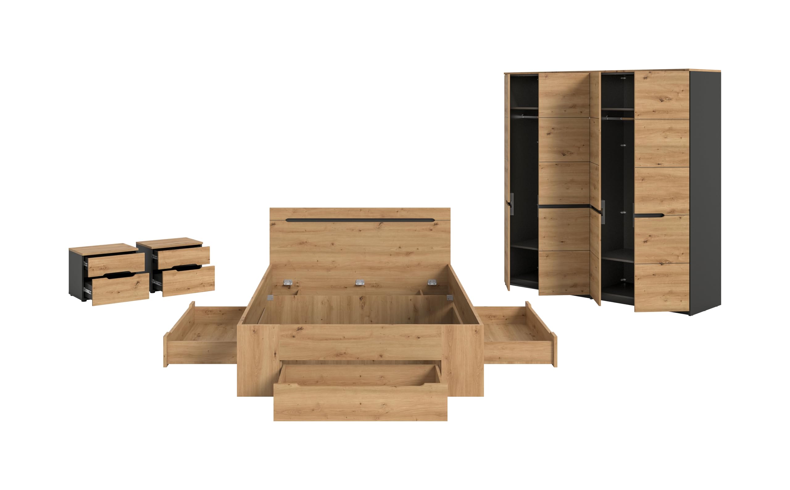 xonox.home – 4 TLG. Schlafzimmer-Set Canu in Artisan Eiche Nachbildung und Athrazit – Modernes Schlafzimmer mit viel Stauraum – stilvoll, langlebig & pflegeleicht