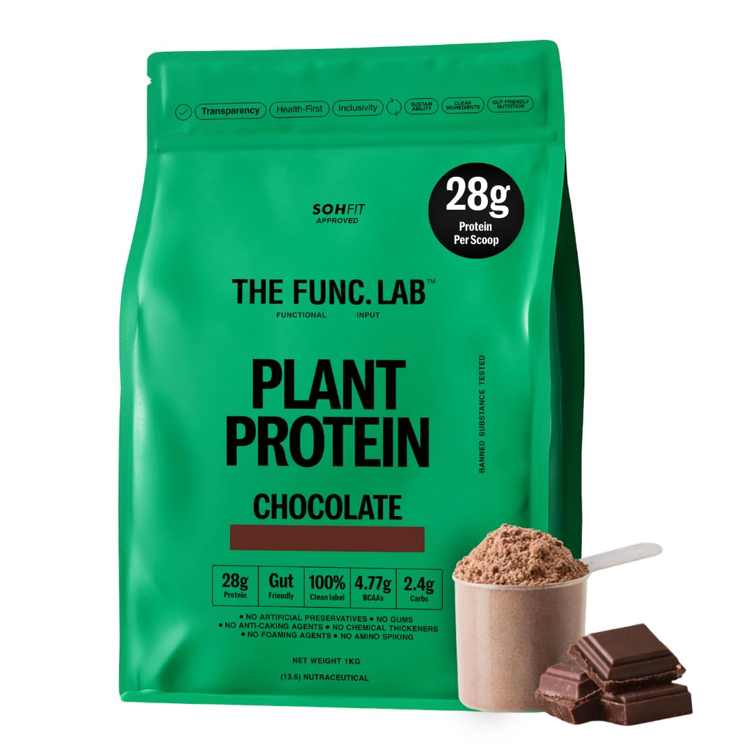 The Func. Lab Plant Protein for Men and Women – Chocolate Flavour | 1 kg | 28g Protein per Scoop | Pea and Rice Blend | Vegan, Sugar‑Free | 100% Clean Label, Gut Friendly, Vegetarian