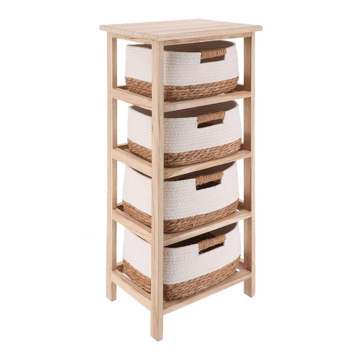 Tendance - Meuble en Paulownia 4 Paniers en Matière Végétale et Coton - Naturel/​Blanc - Salle de Bain - Meubles Bois Montés