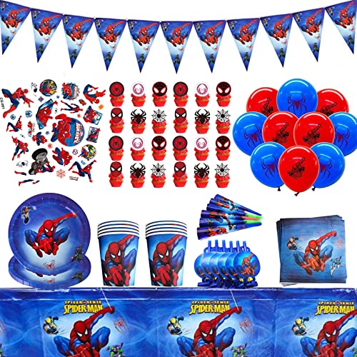 Lemotoy 99 PCS Spiderman Geburtstagsdeko,Spiderman Partygeschirr,Party Tableware Supplies,Spiderman Party Supplies,Luftballons Spiderman,Dazu gehören Teller,Tasse,Tischdecke,Servietten und Pull Fla