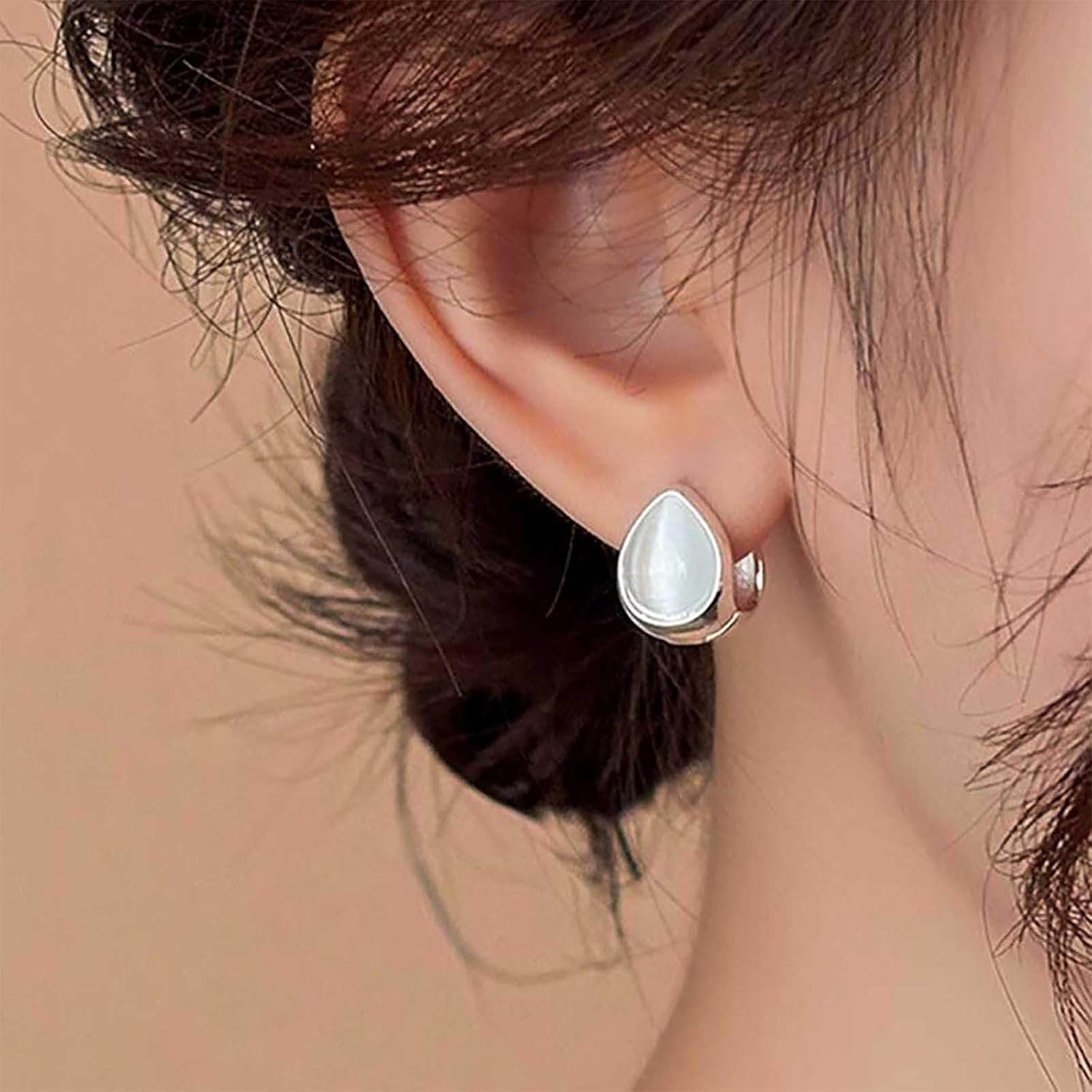 Boho White Gemstone Teardrop Earrings Moonstone Huggie Hoop Earrings Gemstone Pear Earrings Imitation Moonstone Waterdrop Earrings moonstone gem earrings Jewelry for Women - Image 2