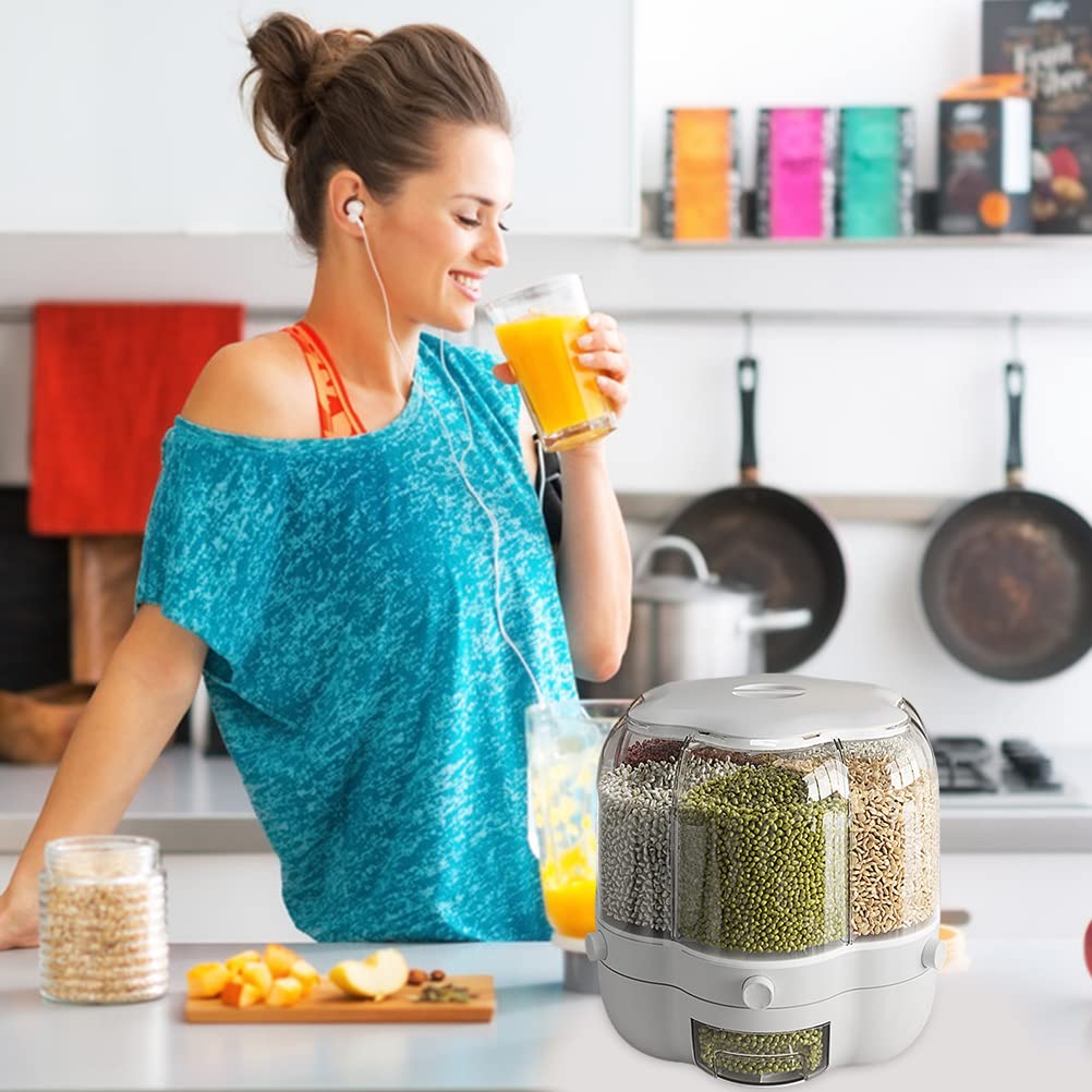 Dispensador de alimentos, Contenedor de almacenamiento de granos de alimentos, Dispensador de arroz giratorio de 6 rejillas de gran capacidad de 6.5L, Caja de almacenamiento de alimentos
