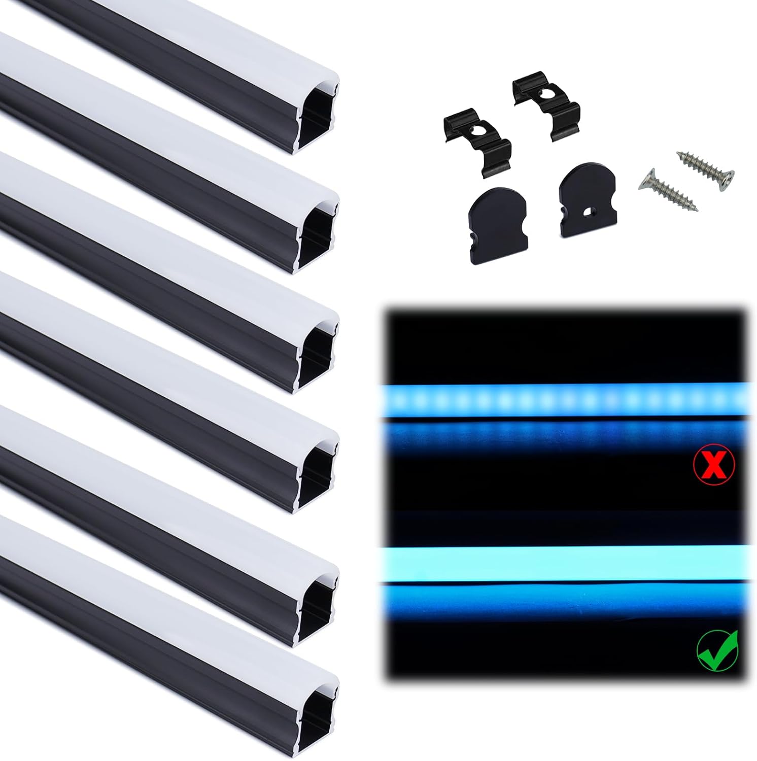 Muzata 6Pack 3.3FT/1M Excellent Spotless LED Channel System with Milky White Cover Black Aluminum U Shape LED Strip Diffuser Channel U108 BW 1M