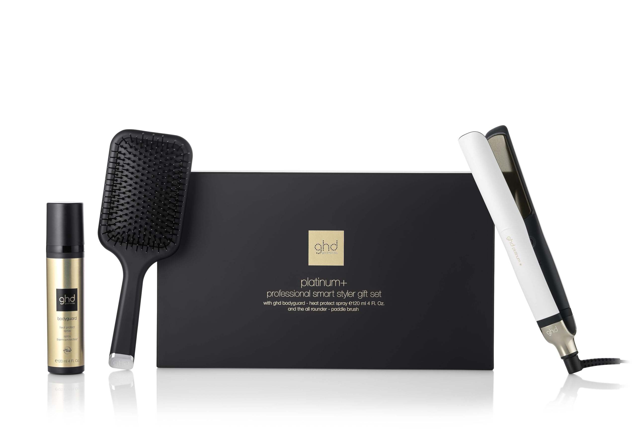 GHD Platinum+ Profesjonalna i inteligentna ceramiczna prostownica do włosów, w zestawie z osłoną termiczną Bodyguard i wiosłową szczotką All Rounder, biała – tylko Amazon