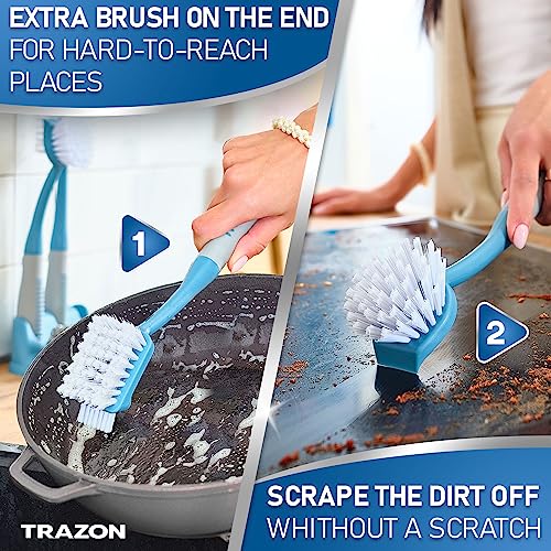 Image of Dish Brush Set of 5 with Convenient Holder, Bottle Water Brush, Dish Scrub Brush, Scrubber Brush and Straw Brush - Kitchen Scrub Brushes Non Slip Long Handle for Sink Dishes Cup Pot