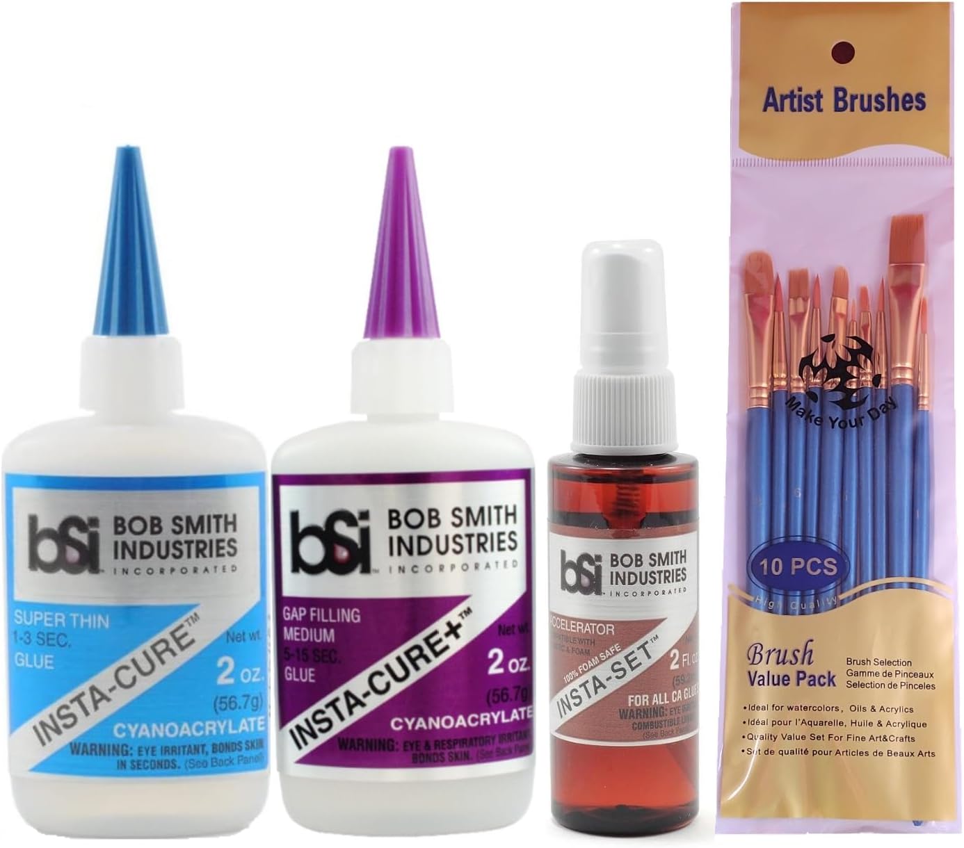 Bob Smith Industries Cyanoacrylate Super Glue Bundle, Insta-Cure, Insta-Cure+, and Insta-Set Accelerator (Pack of 3) - Bundled with Make Your Day Paintbrushes