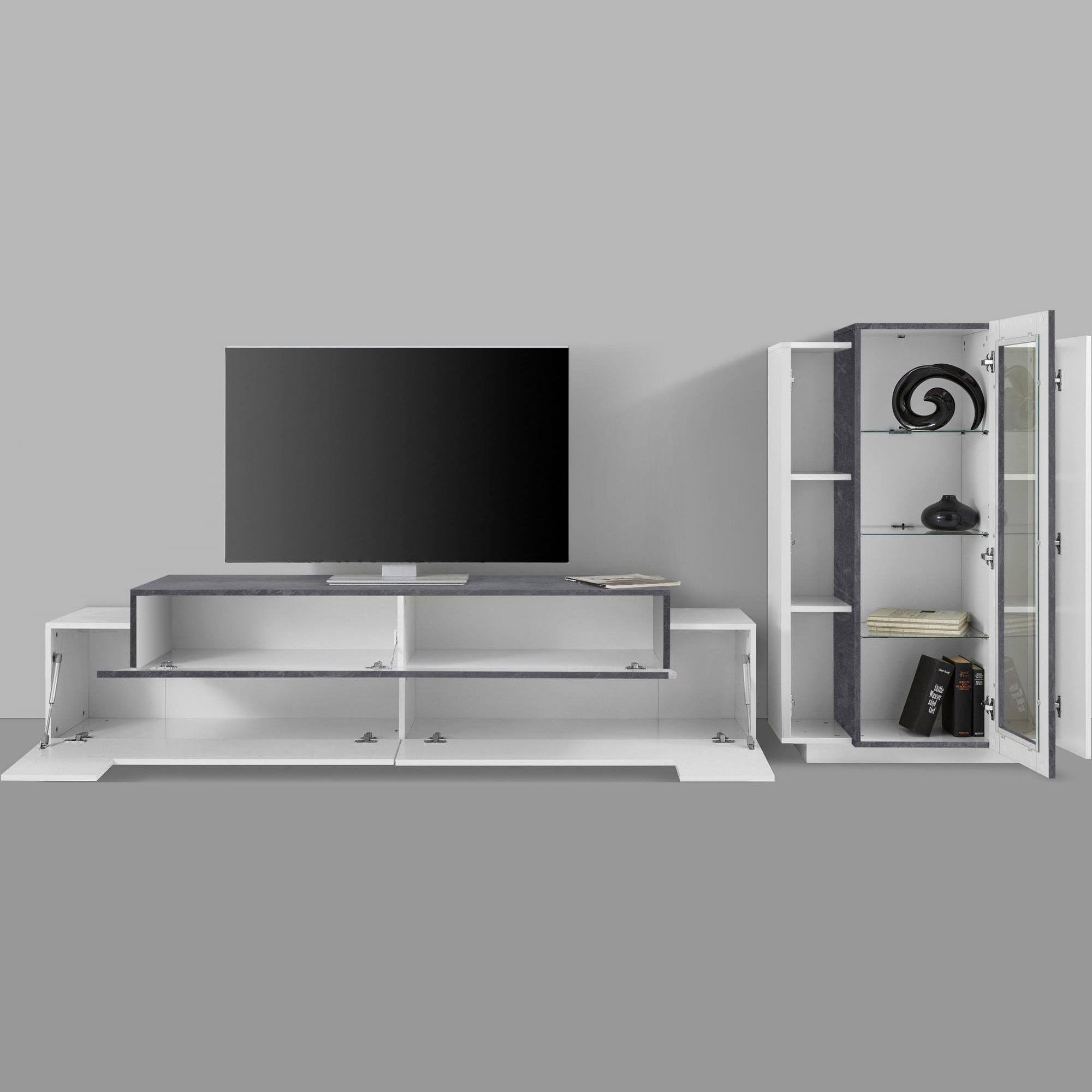 Dmora Parete Attrezzata Mirko 45x280x121h cm Bianco Lucido Modulabile 12 Ripiani, 14 Vani Made in Italy