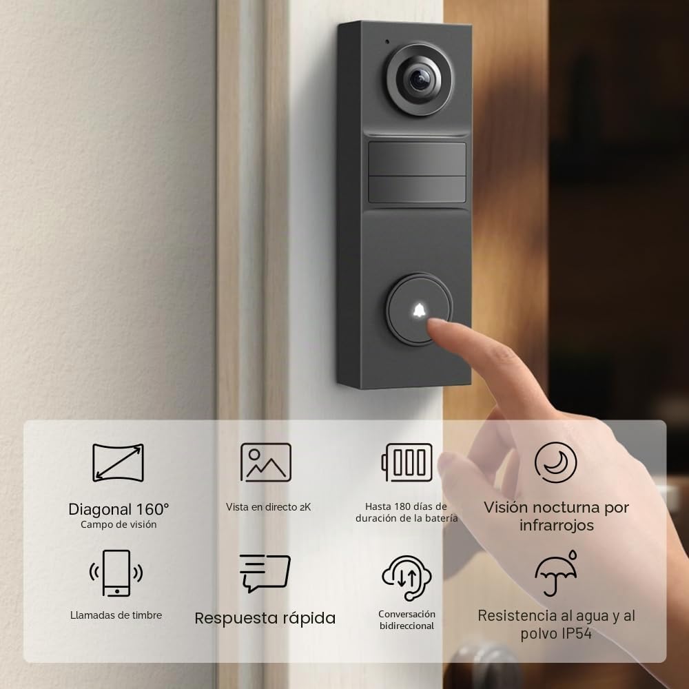Tapo D205 Videoportero 2K 3 MP, Campo de visión 160°, detección AI, IP54, Llamada al Timbre, Alta duración de la batería de 5200 mAh, Carga rápida, Puerto USB-C, Compatible con Panel Solar