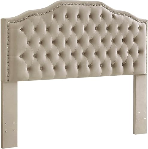 Miniatura 44 de 24KF Cabecera capitonada tapizada tamaño Queen y matrimonial con botones y ribete de cabeza de clavos, cabecera de tela de terciopelo suave,