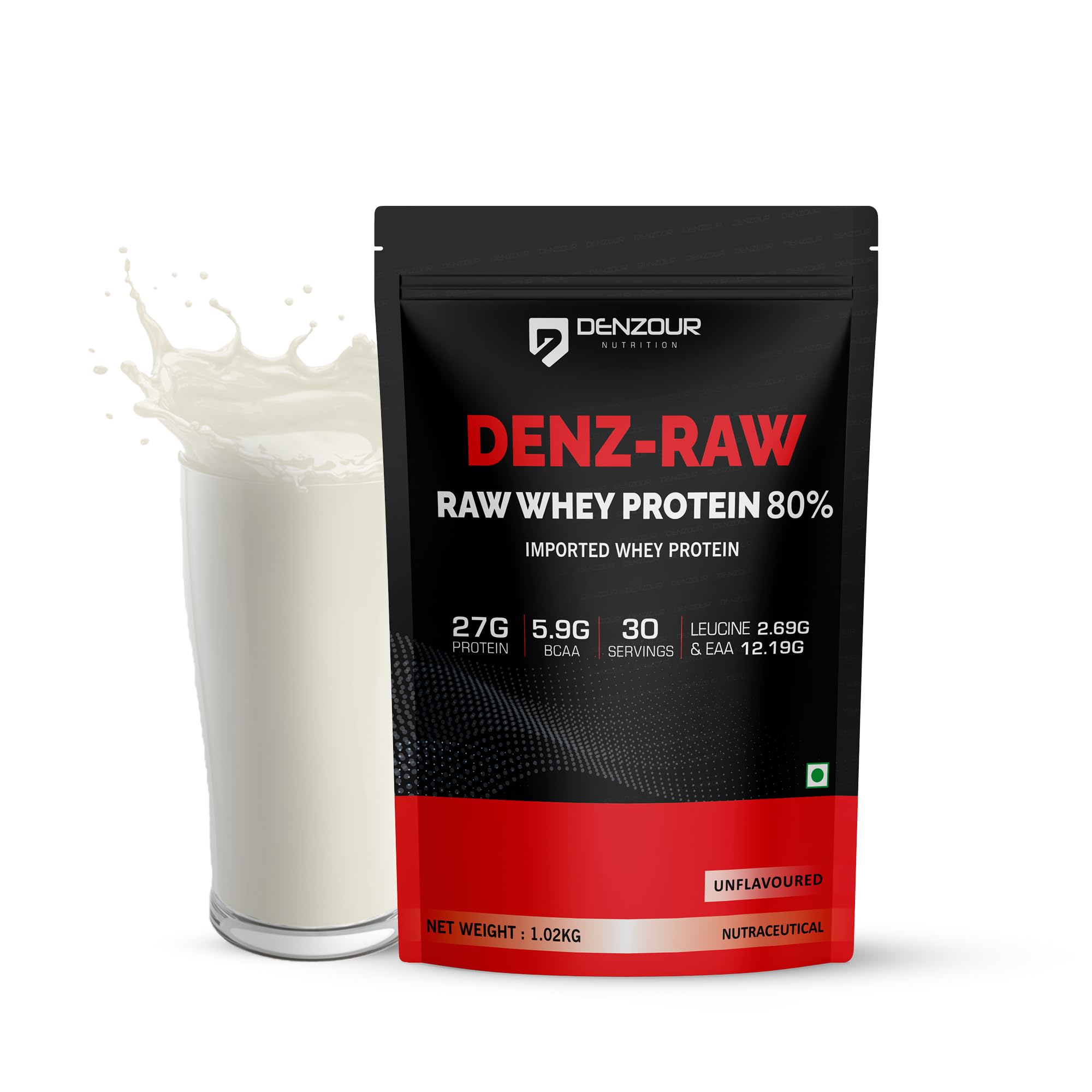 DENZOUR NUTRITION Denz-Raw 80% Imported Whey Protein with Digestive Enzymes | Increase muscle strength, Growth & Recovery | Lab Tested | 27g Protein, 5.9g BCAA- Unflavoured, 1.02Kg/2.2lb (30 Servings)