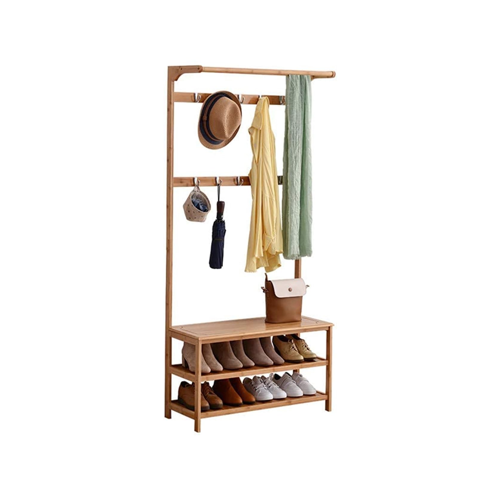 Rangement chaussures petits espaces et porte-manteau bois 3 en 1