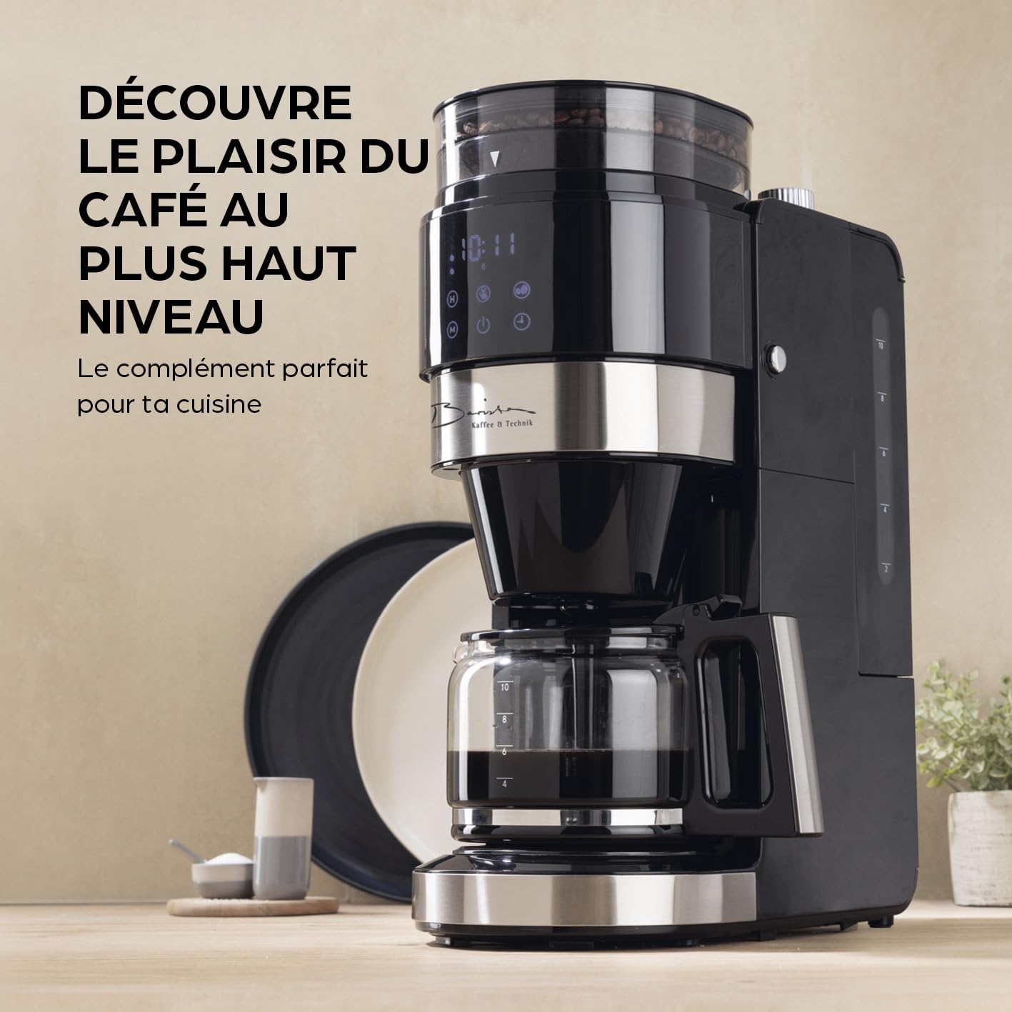 Barista Machine à café avec broyeur, cafetière à filtre avec verseuse en verre | machine à filtre de 900 W avec écran tactile et fonction minuterie jusqu'à 10 tasses | cafetière à café de 1,25 l