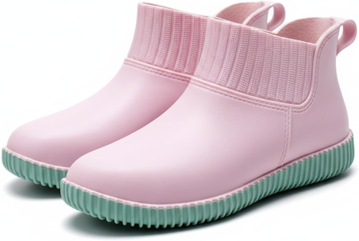 Women's Fashionable Waterproof Short Rain Boots, Cute Ribbed Elastic Ankle Garden Shoes, Lightweight Anti-Slip Slip-on Mud Booties for Rainy Day Outdoor