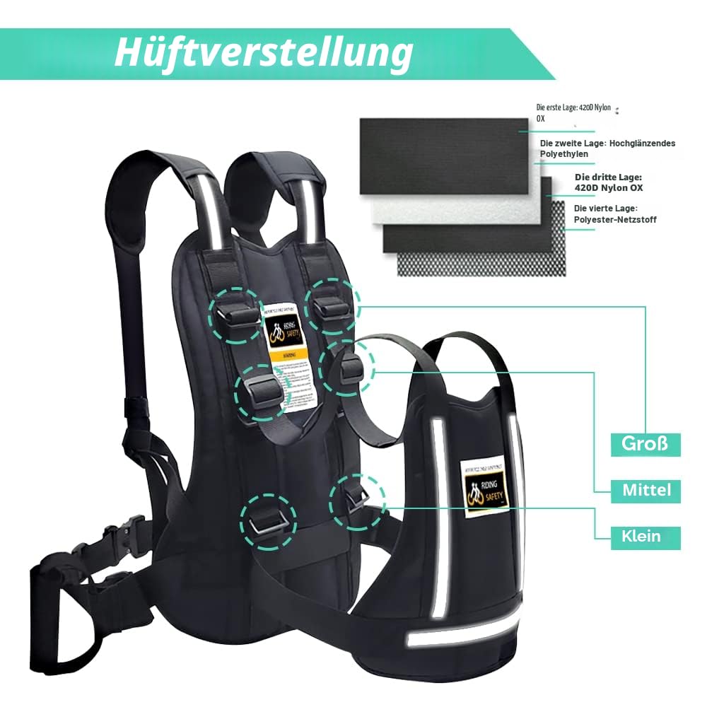 Jolik Upgrade Kinder Motorrad Sicherheitsgeschirr verstellbar mit zwei Griffen, atmungsaktives reflektierendes Material in Schwarz