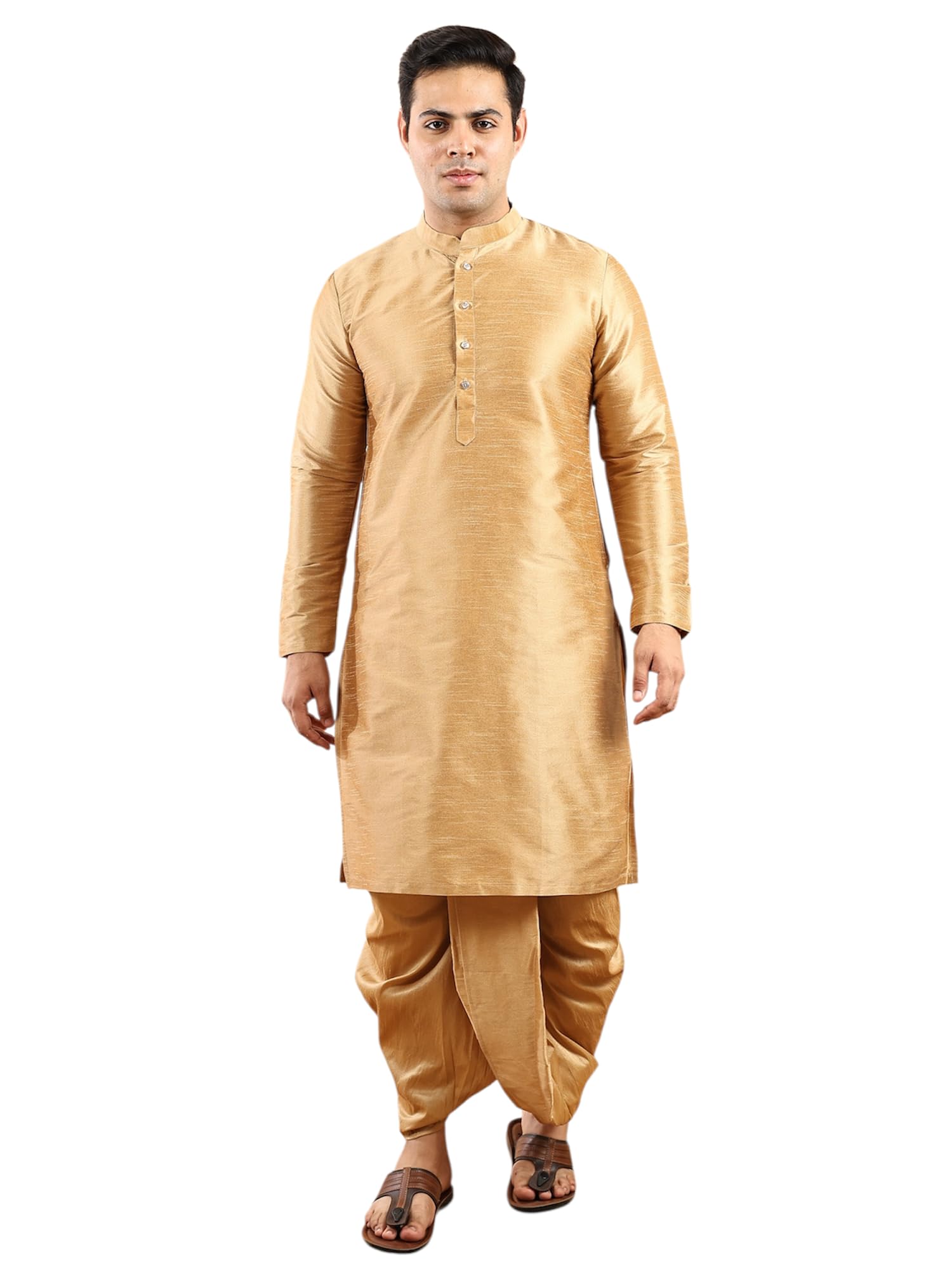 ethluxis Men's Traditional Navy Blue Dupion Silk Kurta with Dhoti Set, Mandarin Collar, Long Sleeve, Ethnic Wear-picture-34