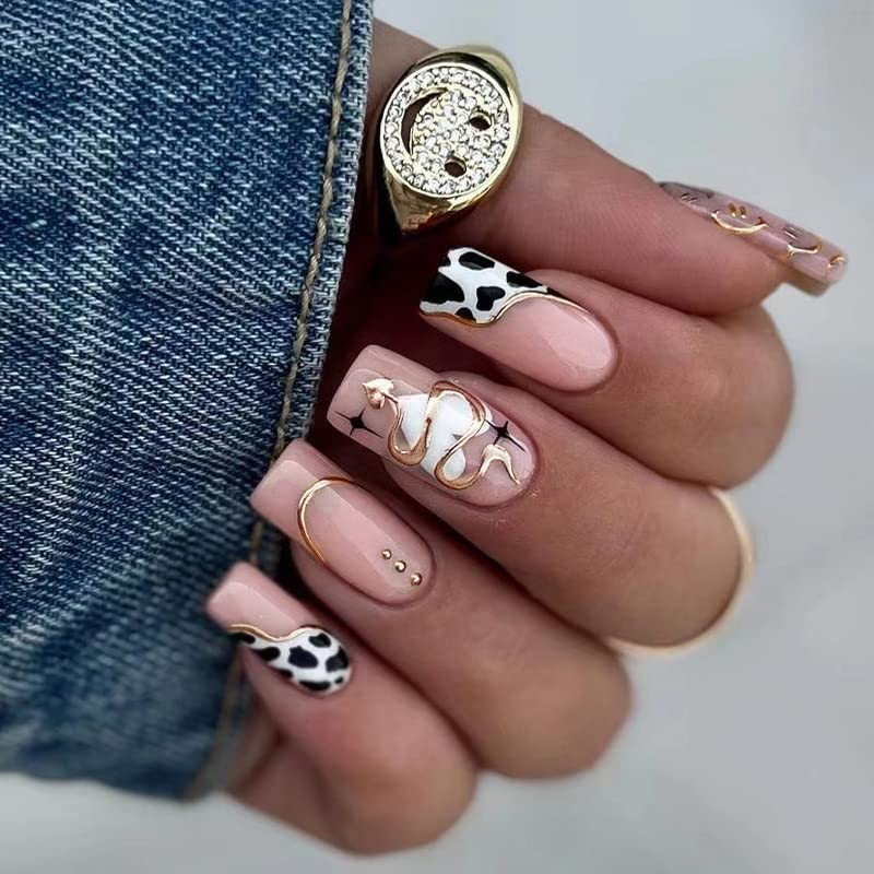 LANOVA LANOVA FN-ST126 - Uñas postizas a presión de estilo francés, con diseño de mariposa azul rosado y azul, diseño de ataúd, hojas azules,