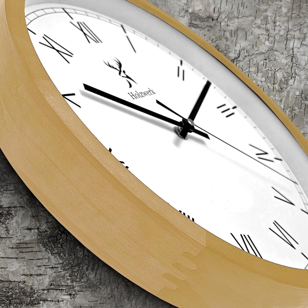 Holzwerk Germany Natur Holz Wanduhr Holz-Uhr Vintage lautloses Uhrwerk ohne Tickgeräusche römische Ziffern Braun Weiß lautlos aus handgefertigtem Massivholz Natur 30 cm (Römisch.Buche)