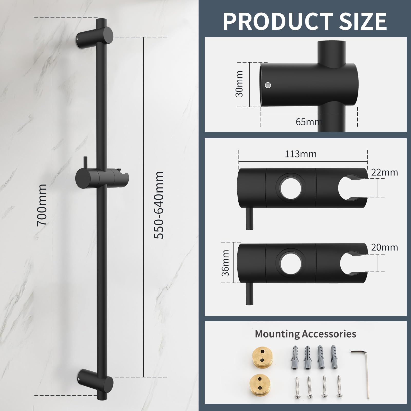 Tringle De Douche Acier Inoxydable 70 Cm - Pivotante 360°, Réglable - Support Pommeau Inclus