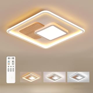 Quadrat LED Deckenleuchte, Deckenlampe mit Holz, Deckenlampen Dimmbar mit Fernbedienung, Moderne Runde Holz Deckenlampe für Schlafzimmer Kinderzimmer Wohnzimmer Küche (41.5 * 41.5CM 40W)