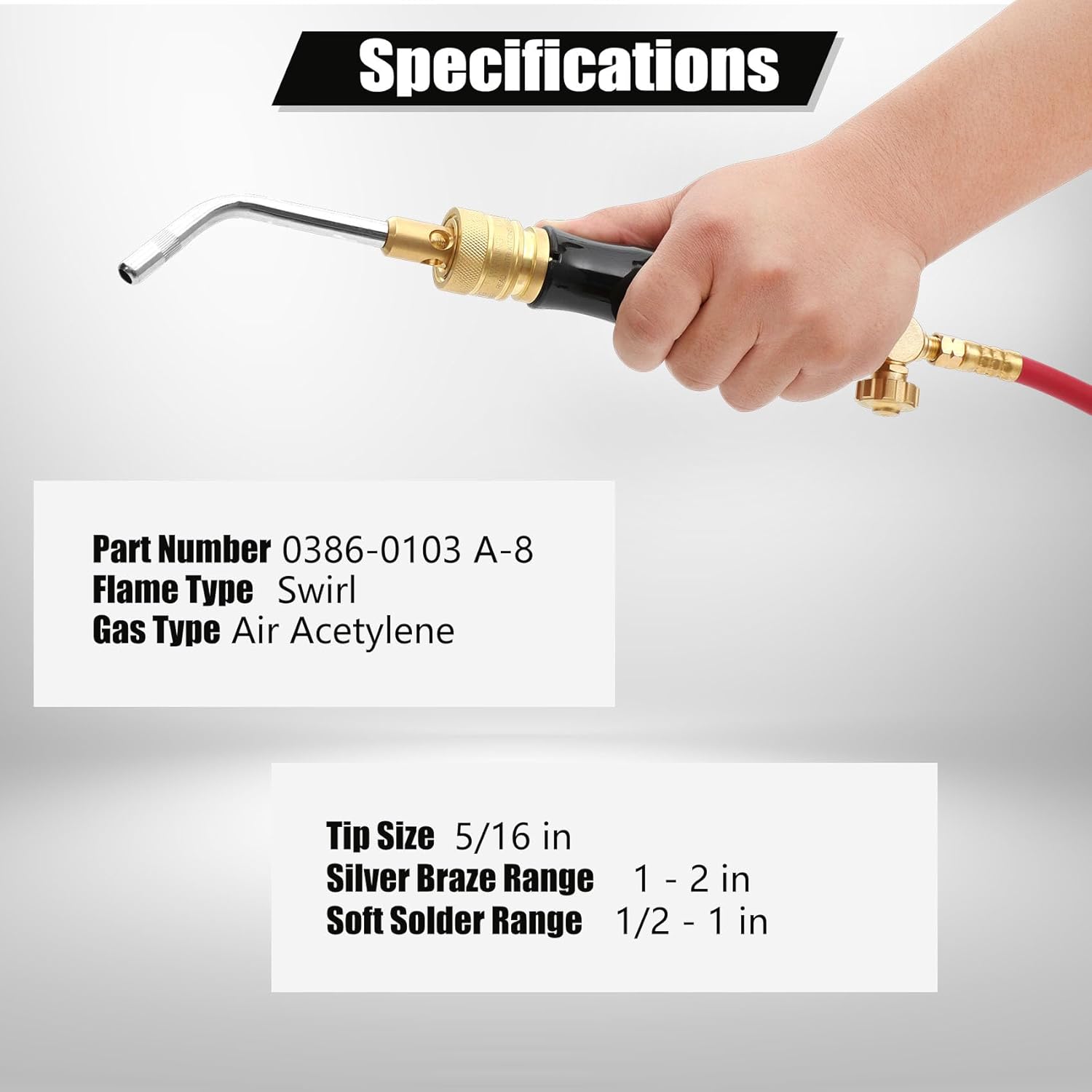 0386-0103 A-8 5/16" Air Acetylene Tip for Torch G-4 or PLF-A5 Handles, Soft Solder 1 to 2 in, Silver Braze 1/2 to 1 in, Manual Lighting, Quick Connect, Removable Orifice Screw