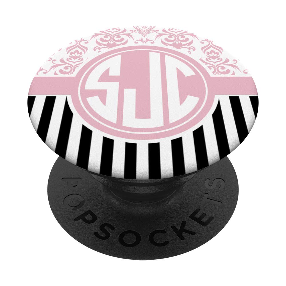 SJC Monogram Gift pink Damask Initials SJC or SCJ PopSockets Grip and Stand for Phones and Tablets
