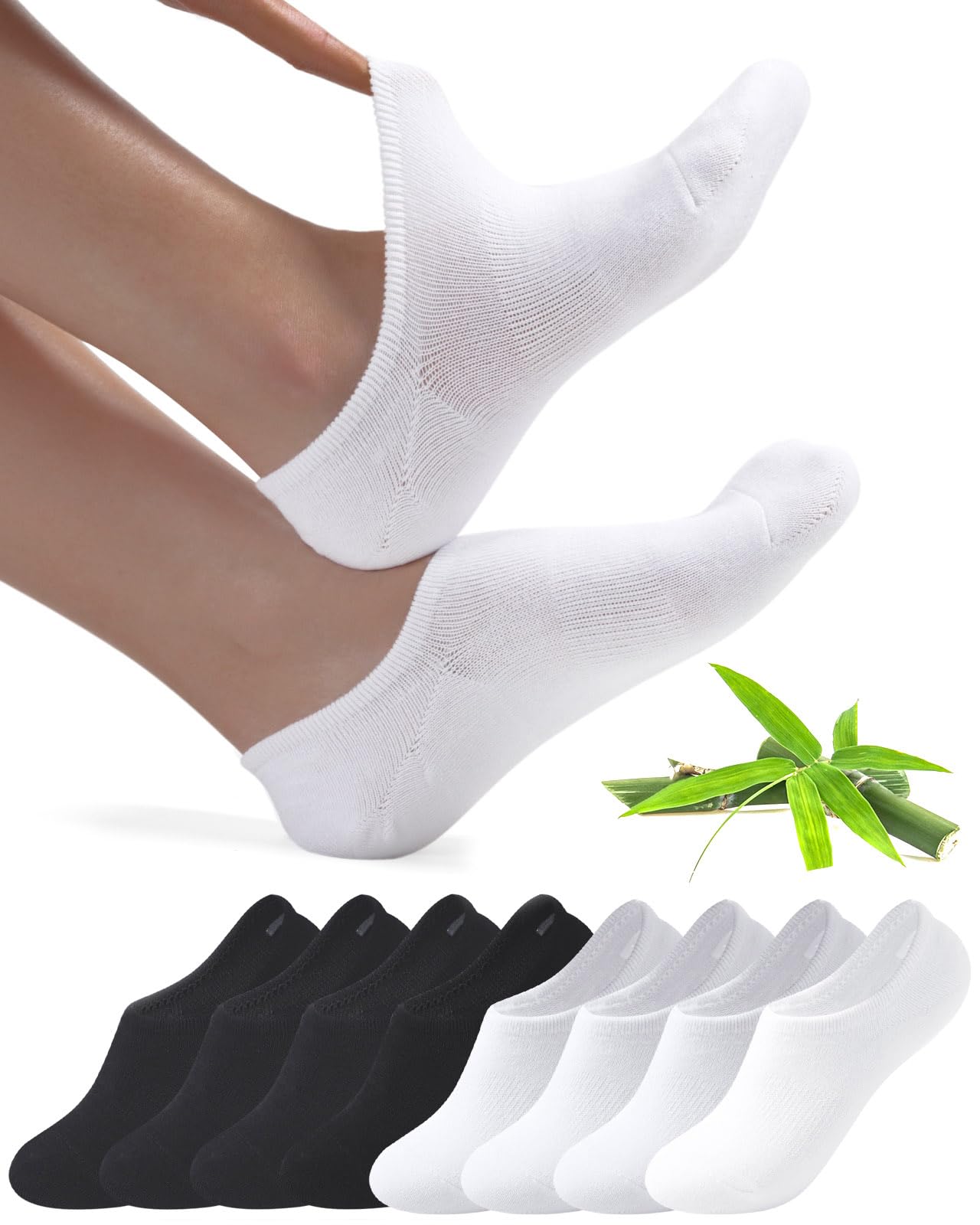 Toes Home Sneaker Socken Damen Füsslinge Herren 8 Paar, Bambus Füßlinge Sneakersocken Unsichtbare Unisex Bambussocken No Show Socken mit Rutschfest Silikon Footies Schwarz Weiß 39-42