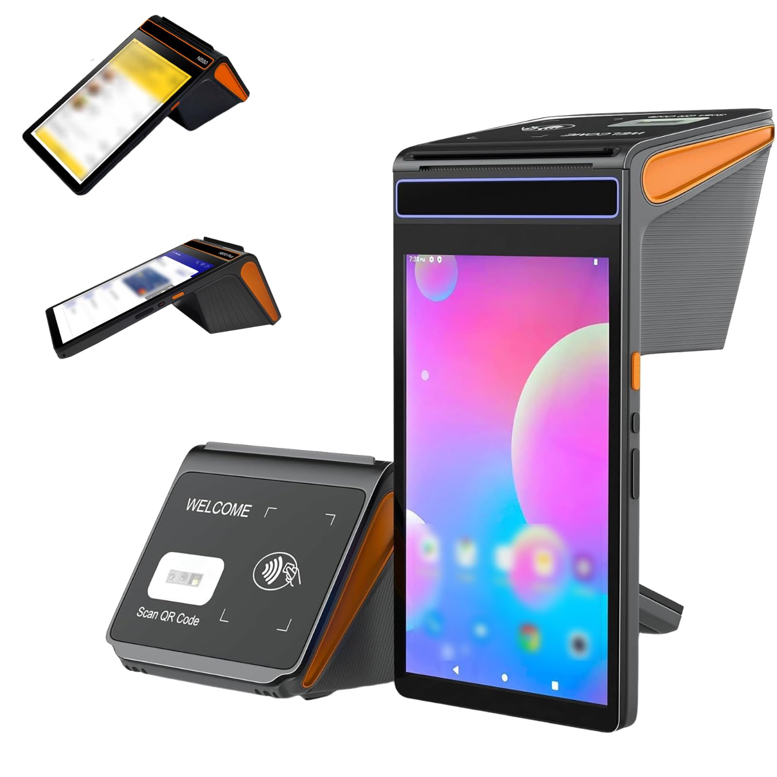Terminale POS con touch screen da 8 pollici, stampante per ricevute da 58 mm, connettività 4G e WiFi, scanner di codici a barre e funzionalità NFC